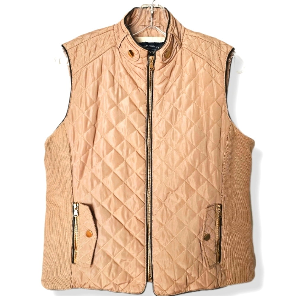 Cavalini Tan Quilted Puffy Vest Sherpa Lined Gold Full Zip Gorpcore Outdoor